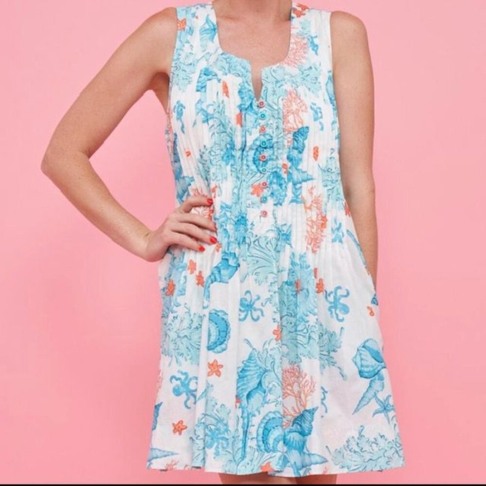 moda posa Sleeveless Dress Front buttons Blue & Coral Sea life inspired